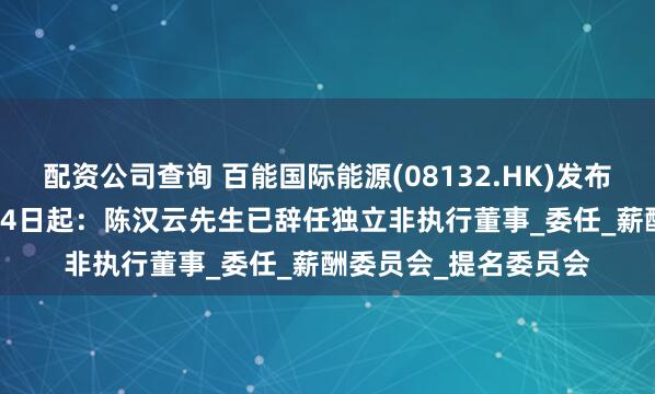 配资公司查询 百能国际能源(08132.HK)发布公告，自2025年6月4日起：陈汉云先生已辞任独立非执行董事_委任_薪酬委员会_提名委员会