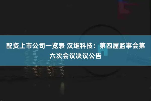 配资上市公司一览表 汉维科技：第四届监事会第六次会议决议公告
